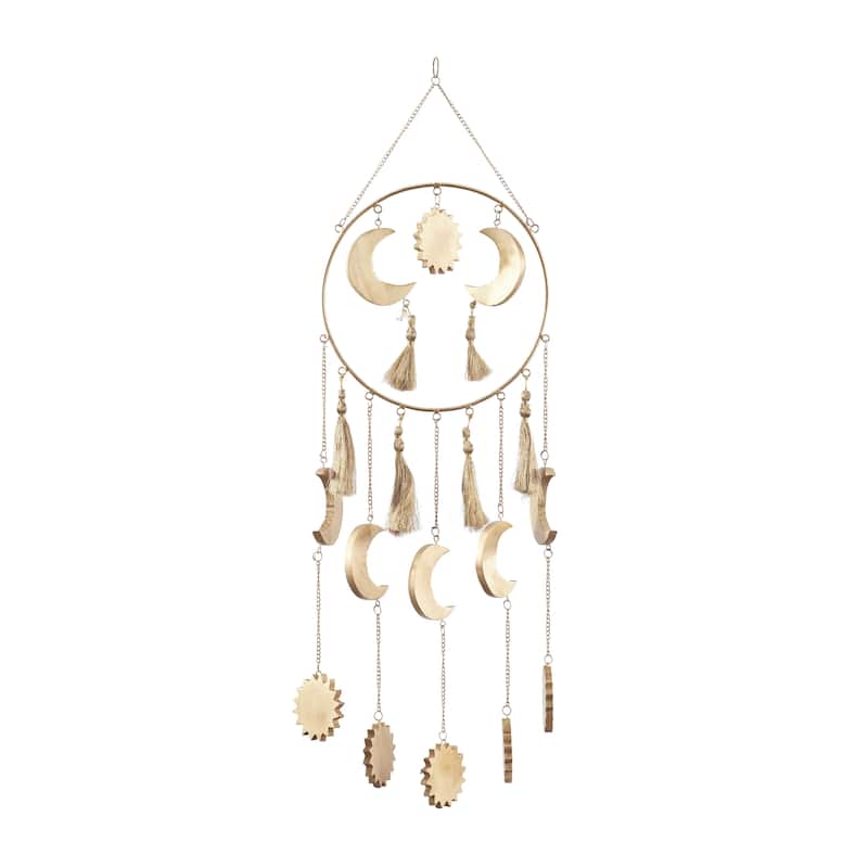 Mango Wood Sun and Moon Indoor Outdoor Windchime with Tassels - Gold - Roche River Decor - Gold