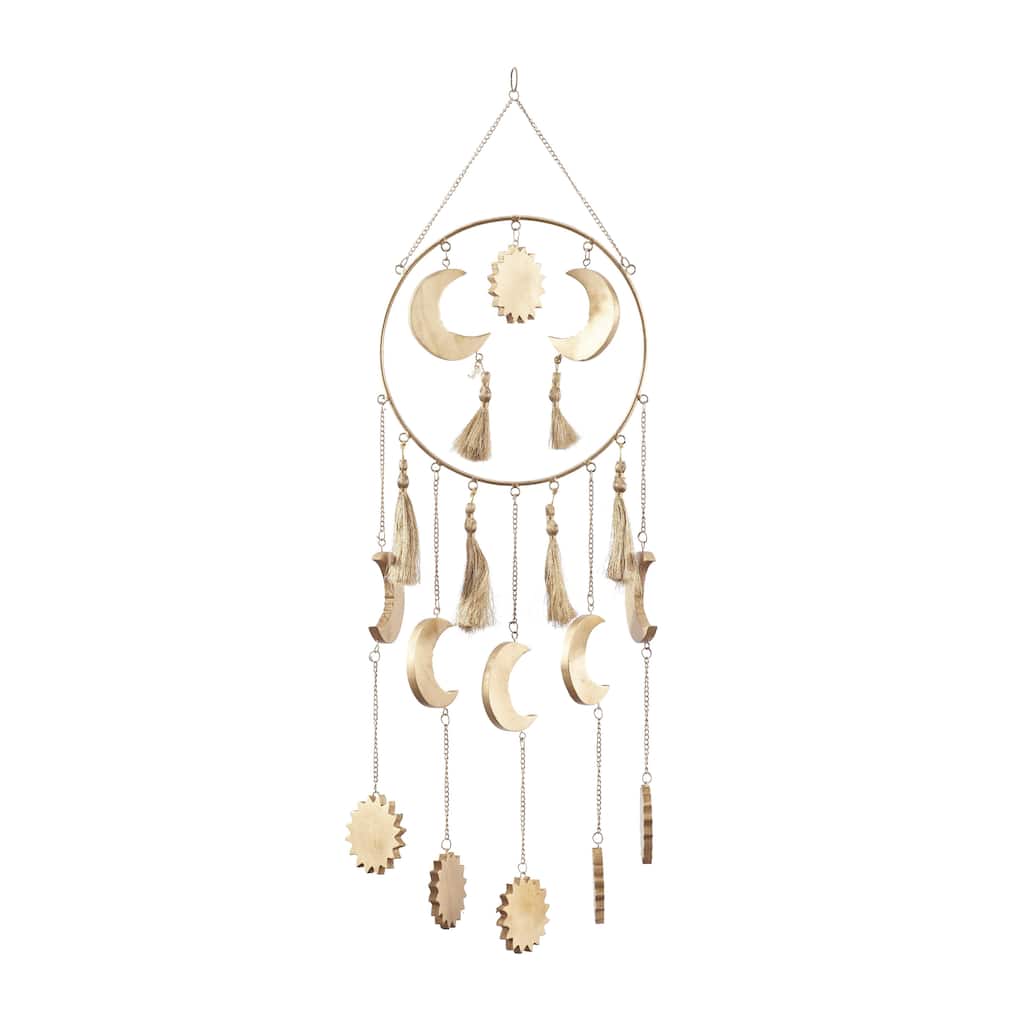 Mango Wood Sun and Moon Indoor Outdoor Windchime with Tassels - Gold - Roche River Decor