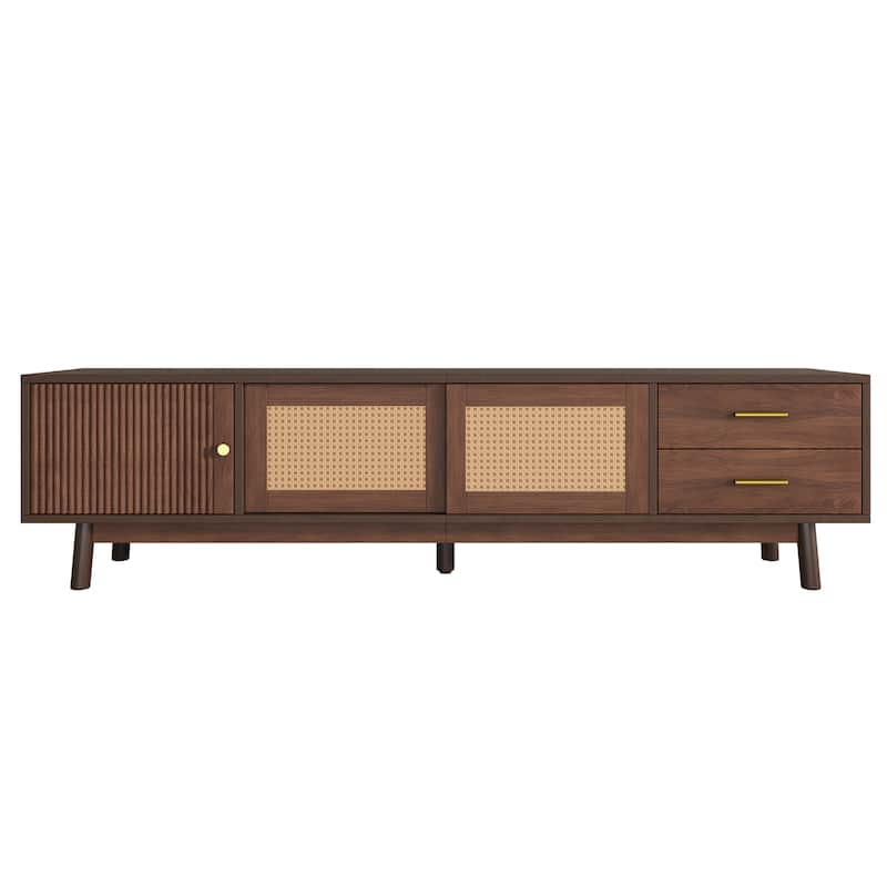 Mid Century Modern TV Stand Entertainment Center for up to 80" TVs, Rattan Sliding Doors TV Cabinet with Drawers for Living Room