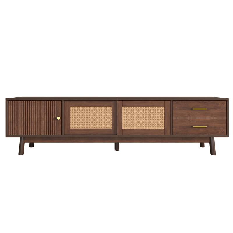 Wooden TV Stand for 80" TVs, TV Media Storage Cabinet with Rattan Sliding Doors and 2 Drawers, Rectangle TV Table Console