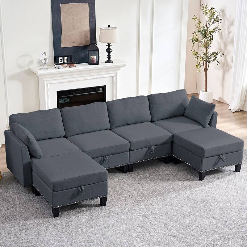 Mixoy Rivet Design Flexible Combination Reversible 4-Seater Modular Sofa with Storage Ottomans,Linen Convertible Sleeper Sofa