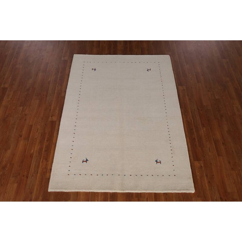 Tribal Gabbeh Indian Rug Hand-Knotted Beige Oriental Wool Carpet - 4'4" x 6'1"