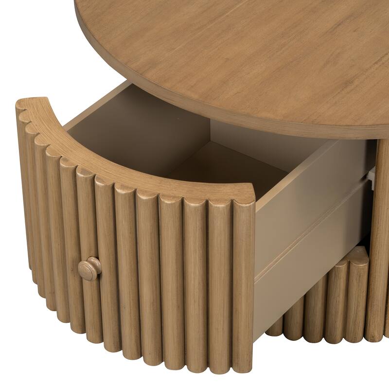 Round Coffee Table for Living Room in Natural, Farmhouse Coffee Table with a Drawer, Center Table with Vertical Slat Ba
