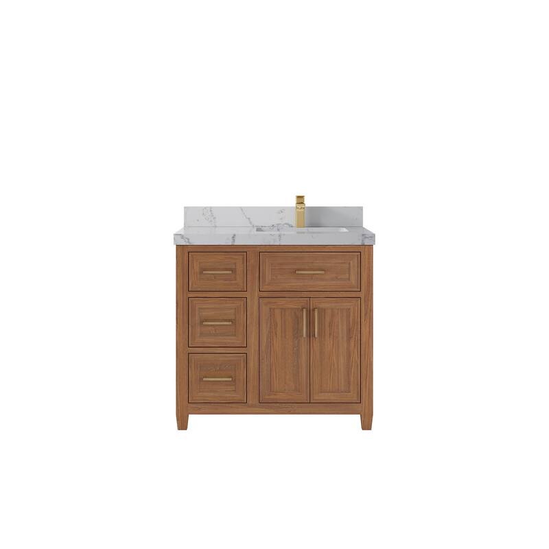 Willow Collections 36 in. W x 22 in. D Santa Monica Teak Right Offset Sink Bathroom Vanity with Countertop - 2”Venatino - Dark Natural Teak