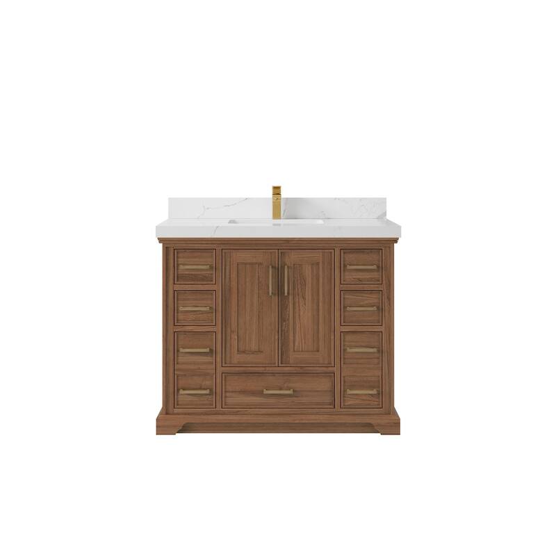 Willow Collections 42 in. W x 22 in. D Charlotte Teak Single Sink Bathroom Solid Teak Vanity with Countertop - 2”Calacatta Laza - Dark Natural