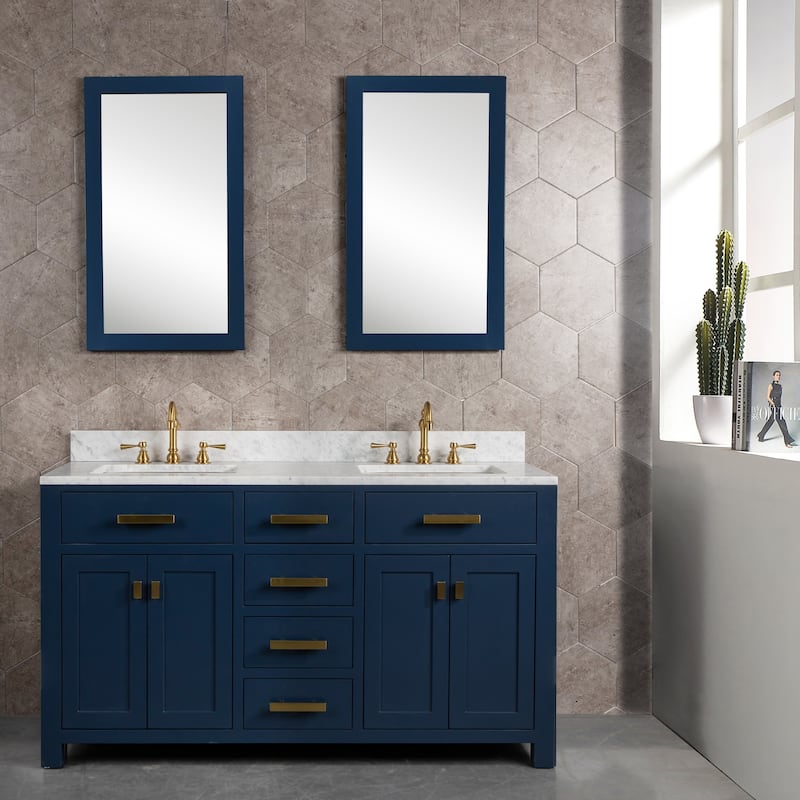 Madison 60-inch Blue Double Sink Carrara White Marble Vanity - Assembled - Vanity Only