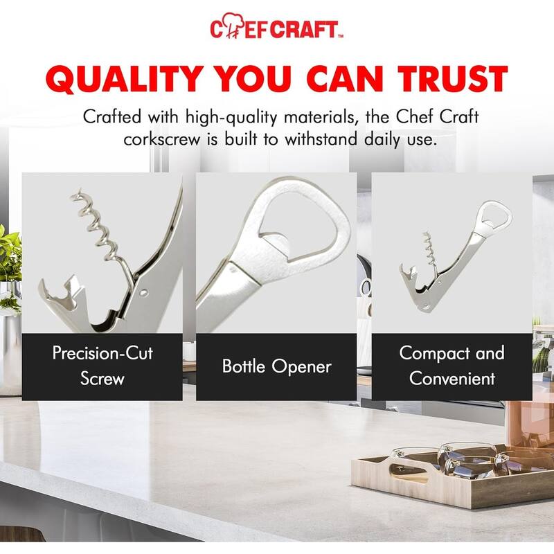 Chef Craft Combination Compact Corkscrew and Bottle Opener - Great for Travel and Camping
