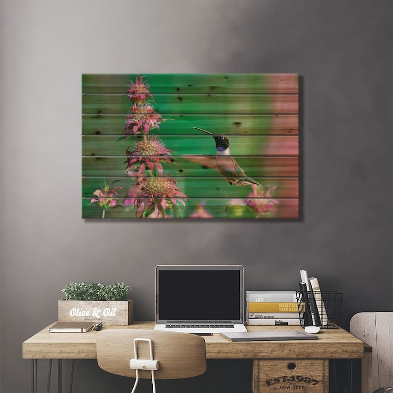 Black-chinned Hummingbird at bee balm, Texas, USA. Print On Wood by Tim Fitzharris - Multi-Color