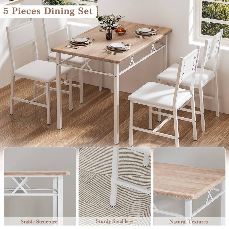 Javlergo 5-Piece White Frame Dining Set with Oak MDF Top PU Leather Chairs with Foam Padding Space Saving for Small Spaces