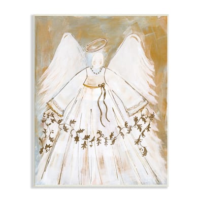 Stupell Divine Angel Holding Winter Holy Vine Gold White Wood Wall Art
