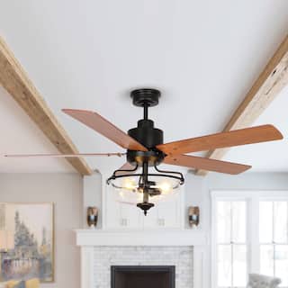 52-in Farmhouse Brown Glass Shade 5-Blade Reversible Ceiling Fan with Light Kit and Remote - 52 Inches