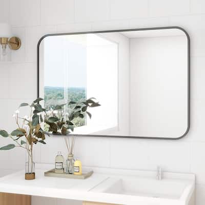 HOMLUX 24"x36" Rounded Rectangle Wall Mirror with Black Aluminum Alloy Frame，Vanity Bathroom Mirrors Horizontally or Vertically