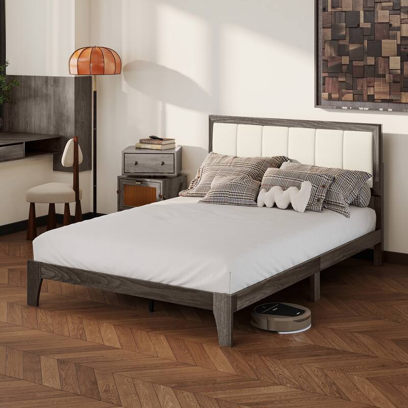 HOMCOM Full Size Bed Frame with Upholstered Headboard, Platform Bed Frame with Wooden Slats