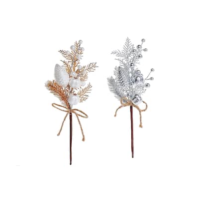 Christmas Pinecone And Berries Pick With Ribbon - Set of 6