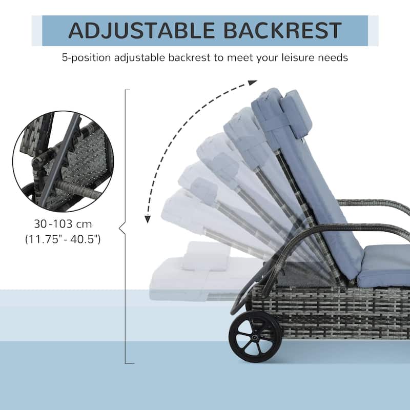 Outdoor PE Rattan Recliner with Wheels and Armrests