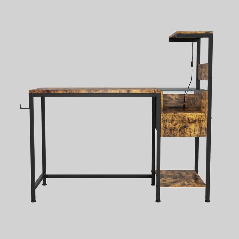48" Study Writing Desk with Reversible Shelves, USB Charging Ports, LED Lights, and Drawer - Brown