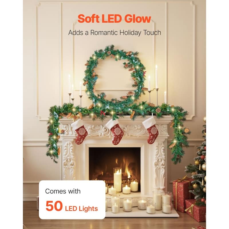 Holiday Greenery Garland 9ft Long with Warm White LED Lights and Lifelike Pinecones - 108.27” x 11.02” x 5.91”