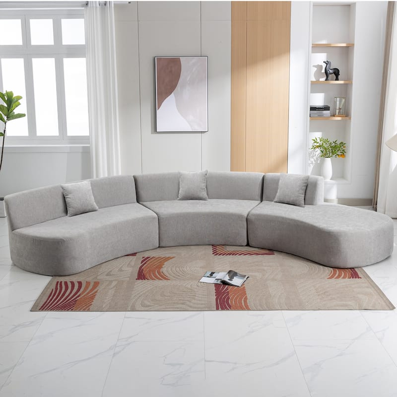 136in Stylish Curved sofa Sectional Sofa Chenille Fabric Sofa Couch with Three Throw Pillows for Living Room, - Grey