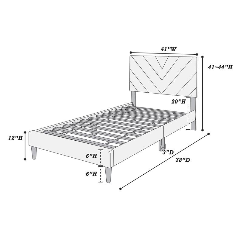 Adjustable Velvet Twin Bed with V-Stitch Headboard & 12-Slat Support