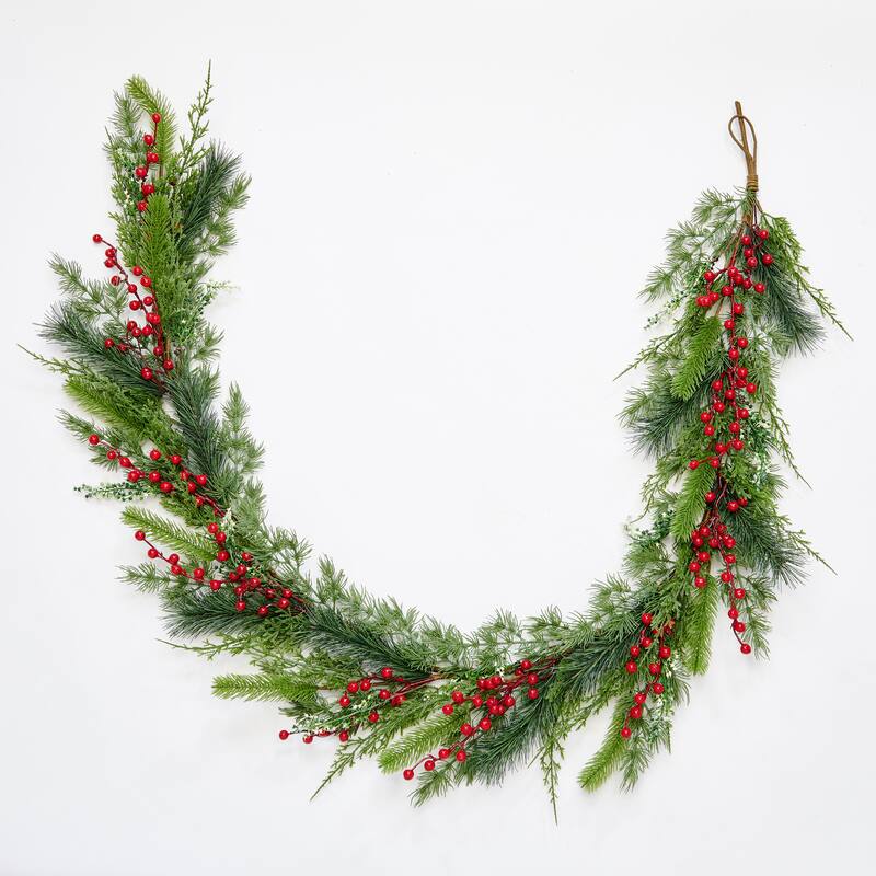 72" Artificial Christmas Evergreen Mixed Pine and Red Berry Garland - Green - 72