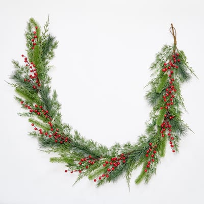 72" Artificial Christmas Evergreen Mixed Pine and Red Berry Garland - Green - 72