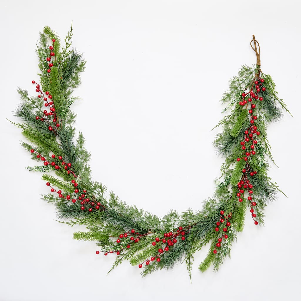 72" Artificial Christmas Evergreen Mixed Pine and Red Berry Garland - Green - 72