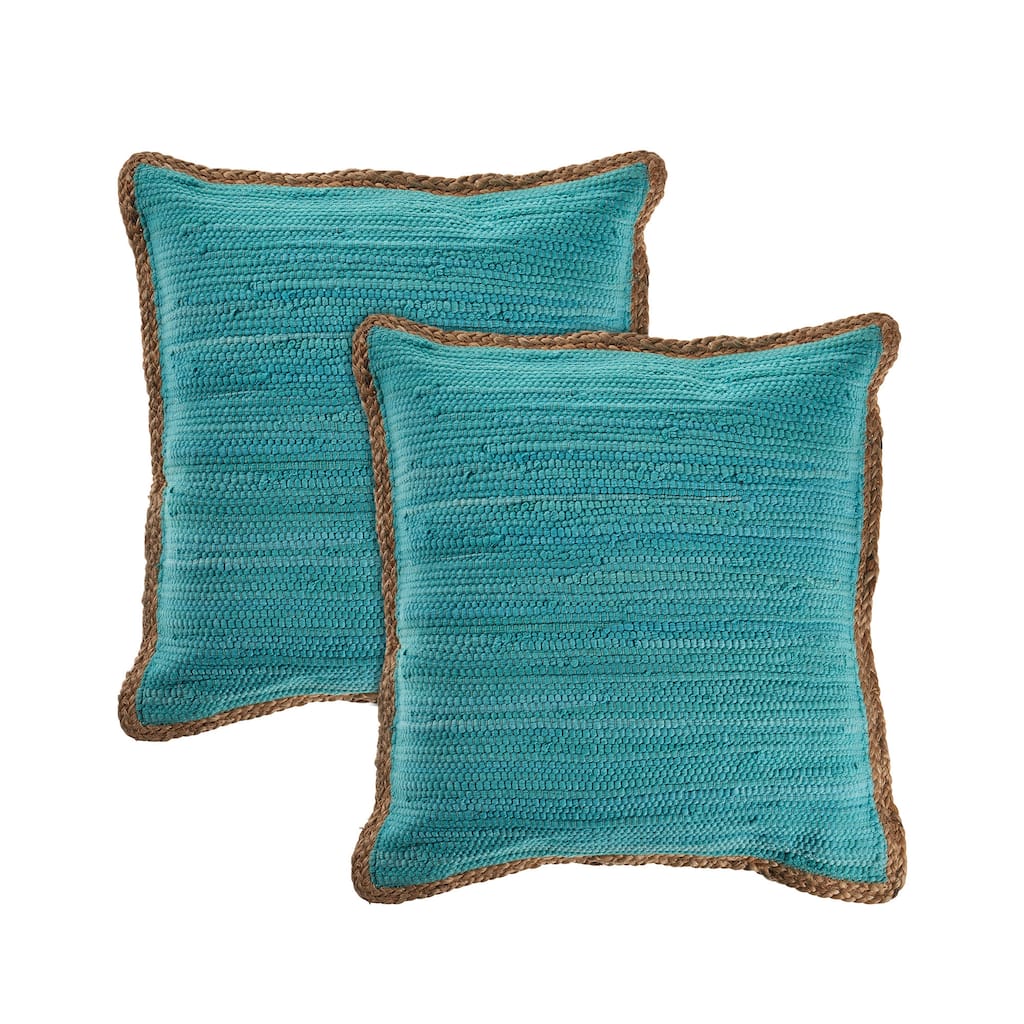 HomeRoots Set of Two 20" Turquoise Cotton And Jute Throw Pillows with Texture