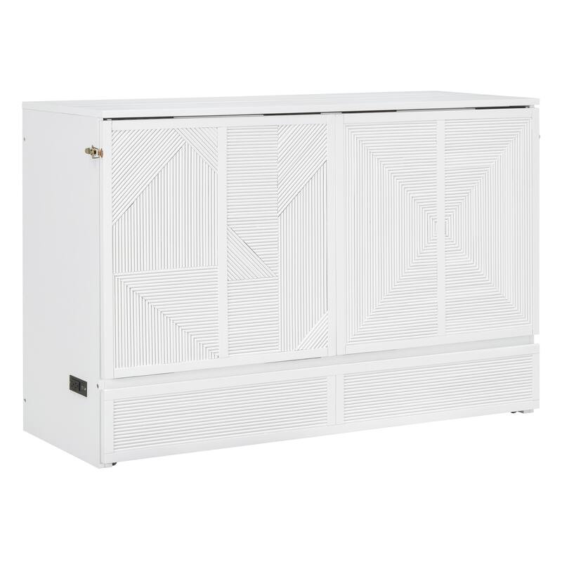 Wood Murphy Bed with Large Drawer, Murphy Cabinet with Foldable Panel, Living Room Murphy Cabinet Bed with USB Ports and Outlets