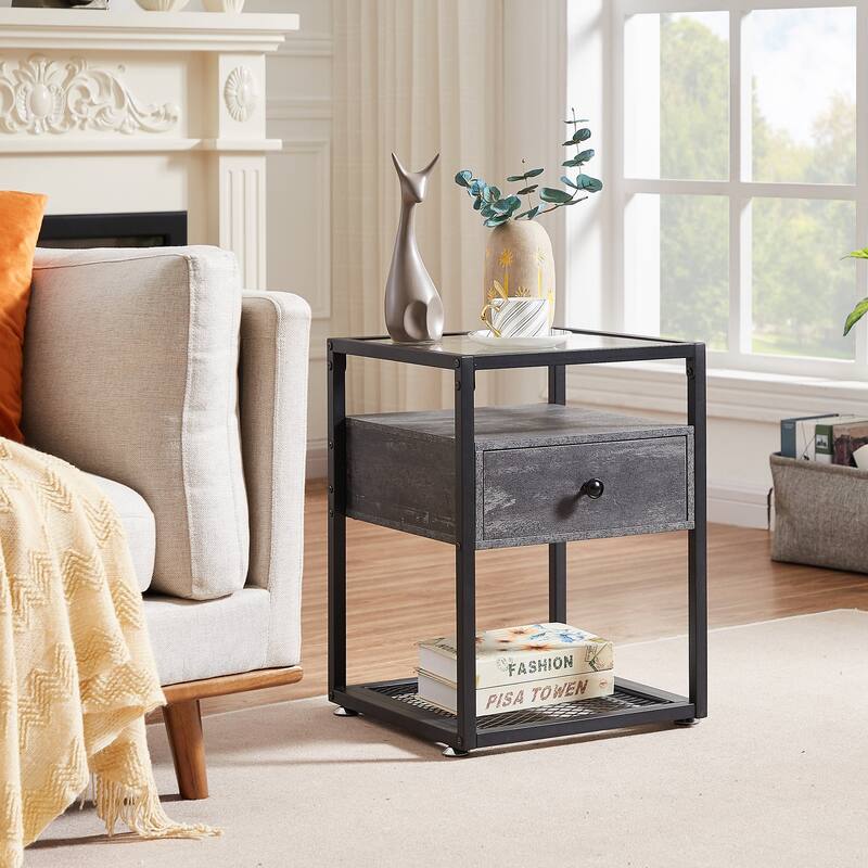 VECELO Modern 1- Drawer Nightstands with Tempered Glass Top