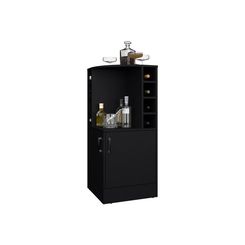 FM FURNITURE Toyei Corner Bar Cabinet with Bottle Rack, Open Shelves, and Hidden Storage, Black