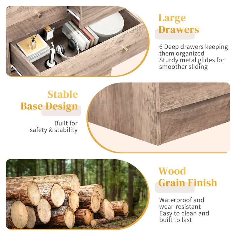 6-Drawer Large Dresser For Bedroom And Chest Of Drawers With Sturdy Construction Wood Storage Organizer For Closet