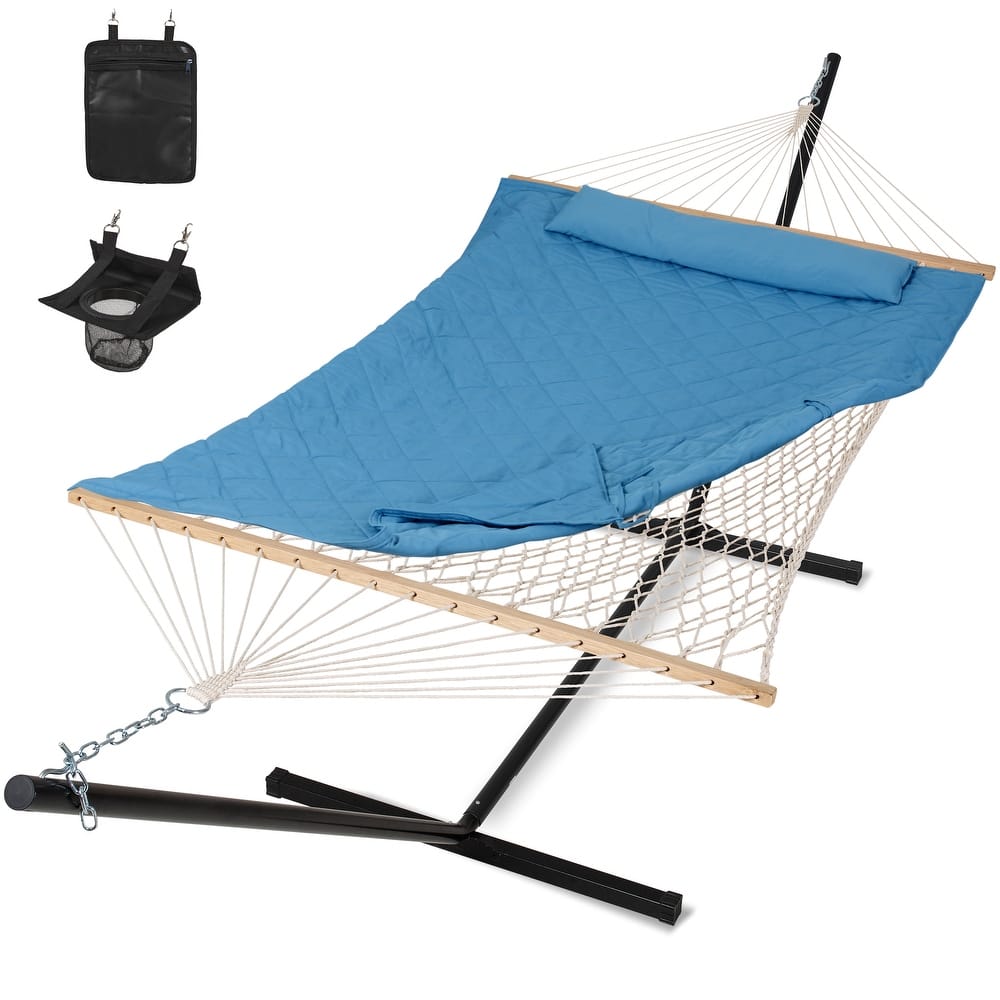 Rope Hammock with Detachable Pillow and Pad, 12FT Steel Stand Included