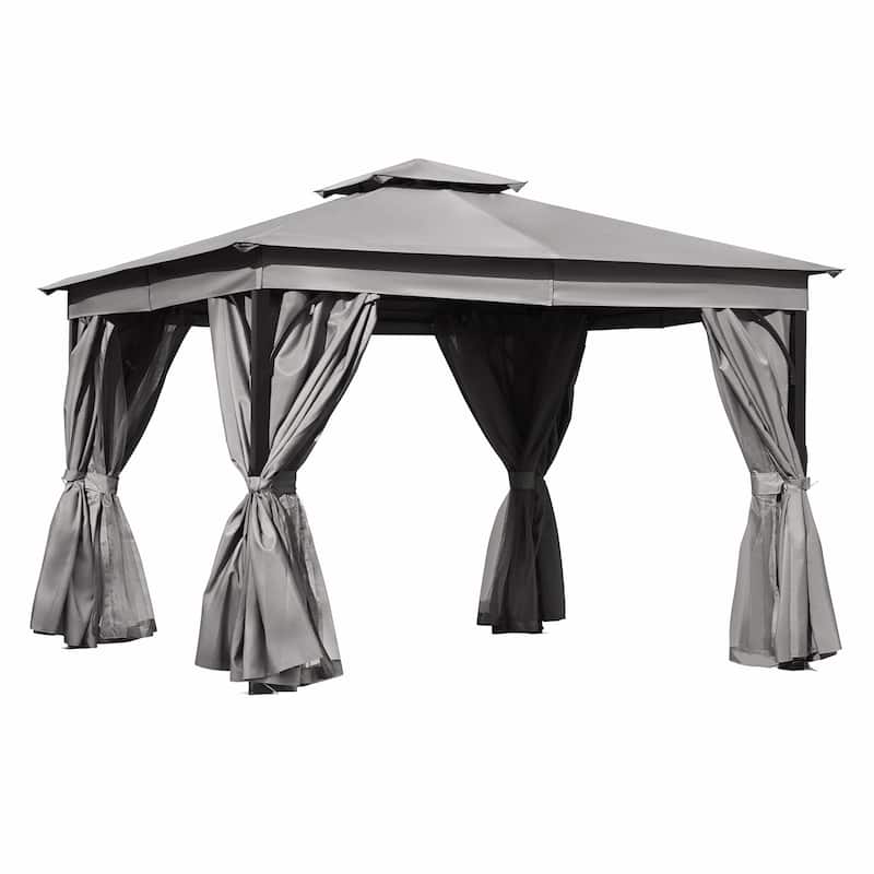 Outdoor Gazebo Tent with Double Roof, Mosquito Netting & Privacy Screens