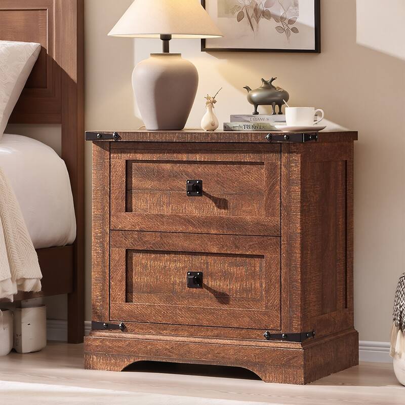 Farmhouse 2 Drawers Nightstand with Charging Station, Large End Table - Brown