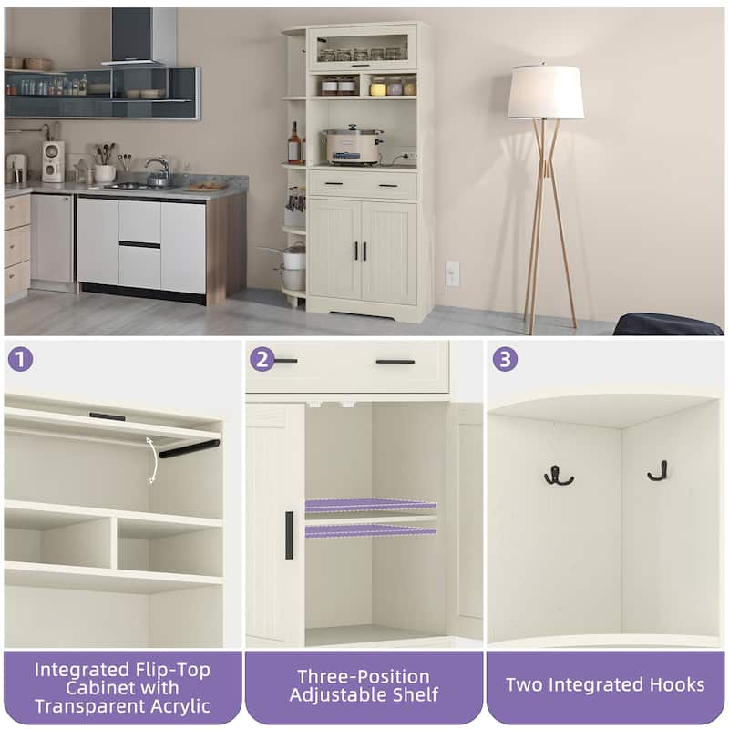 67" Kitchen Pantry Cabinets with Microwave Stand & Charging Station