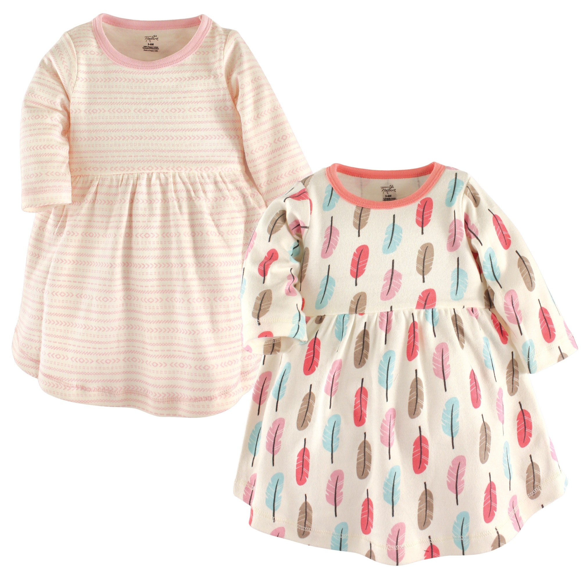 Touched by Nature Baby and Baby Girl Organic Cotton Long-Sleeve Dresses 2pk, Feather