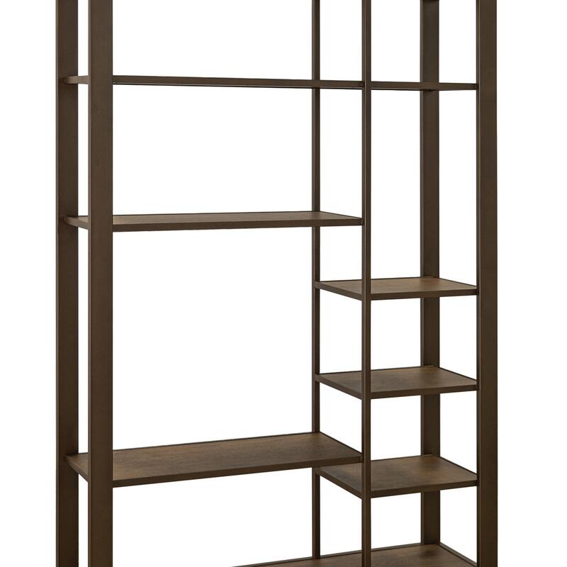 Loe Bookcase, 7 Shelves, Industrial Brown Wood Shelves, Metal 45 Inch