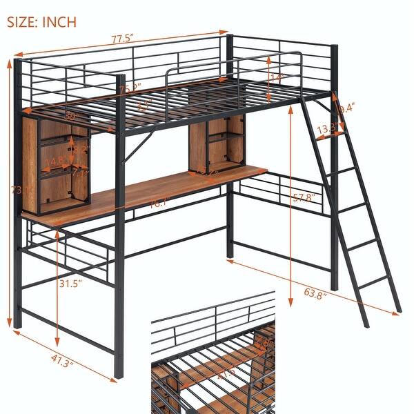 dimension image slide 3 of 4, Metal Wooden Loft Bed with Desk