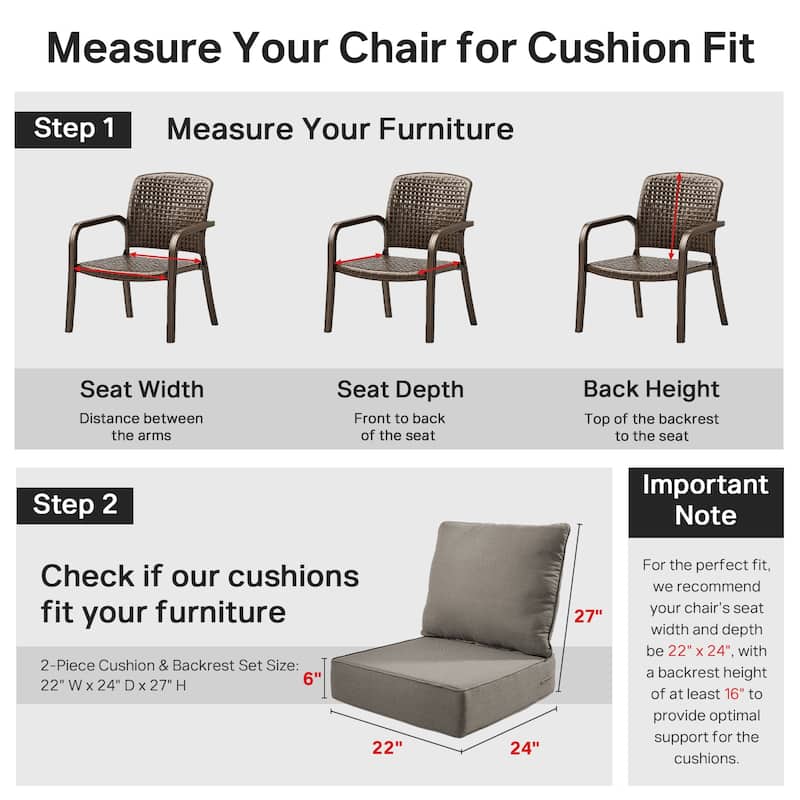 22" W x 24" D x 6" T Water & Fade Resistant Outdoor Lounge Chair Replacement Cushion Set