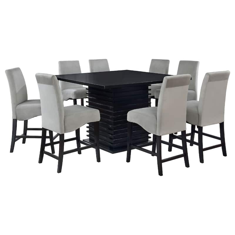 Tela 9pc Counter Height Dining Set, Black Wood Table, 8 Gray Chairs