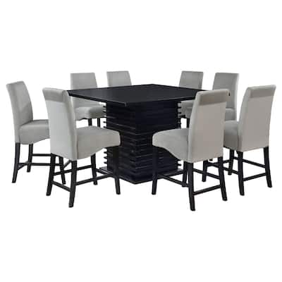 Tela 9pc Counter Height Dining Set, Black Wood Table, 8 Gray Chairs
