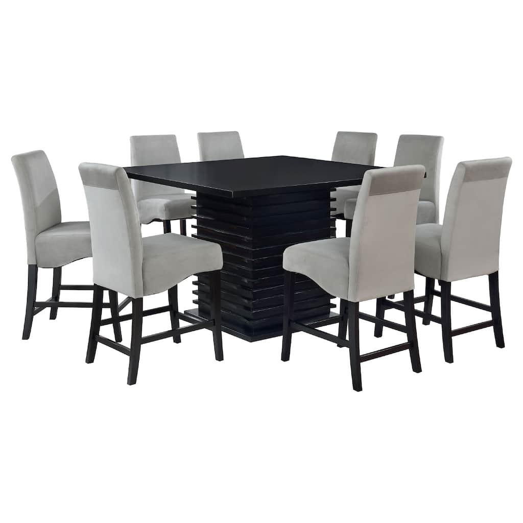 Tela 9pc Counter Height Dining Set, Black Wood Table, 8 Gray Chairs