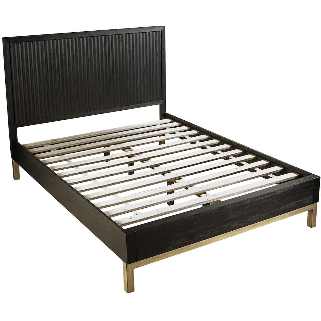 Carl Full Size Platform Bed, Lined Ribbed Design Panel Headboard, Black