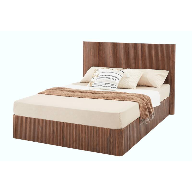Queen Size Lift-Up Storage Bed Frame with Wooden Corrugated Curved Lines
