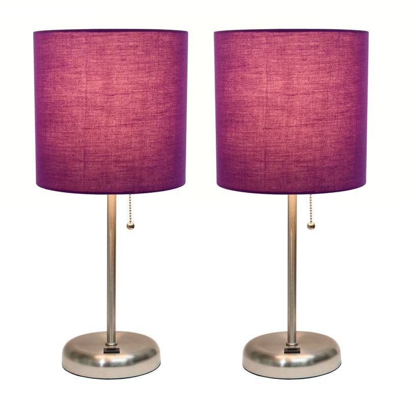 19.5 in. Brushed Steel Finish Table Lamp with Purple Shade, Durable Stick Lamp for End/Side Tables, Set of 2