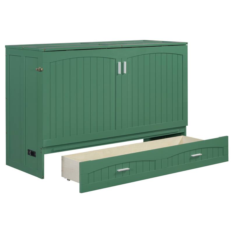 Queen Size Murphy Bed with Built-In Charging Station and Large Storage Drawer, Space-Saving Design, Pine Wood Frame
