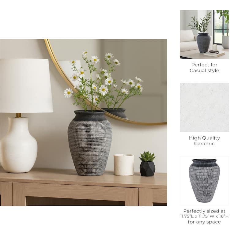 Ceramic Vase Textured Wide-Opening for Modern Decor - 16" Black
