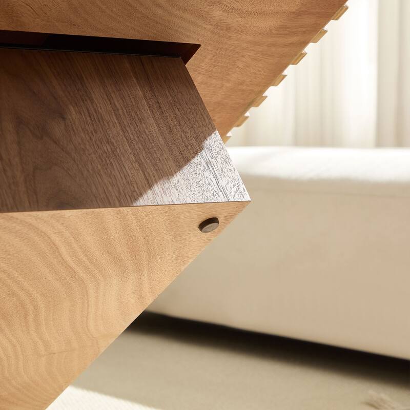 Small Accent Table Wooden Coffee Table Square Pedestal Base Center Table with Side Fluted Design and Wood Grain Veneer