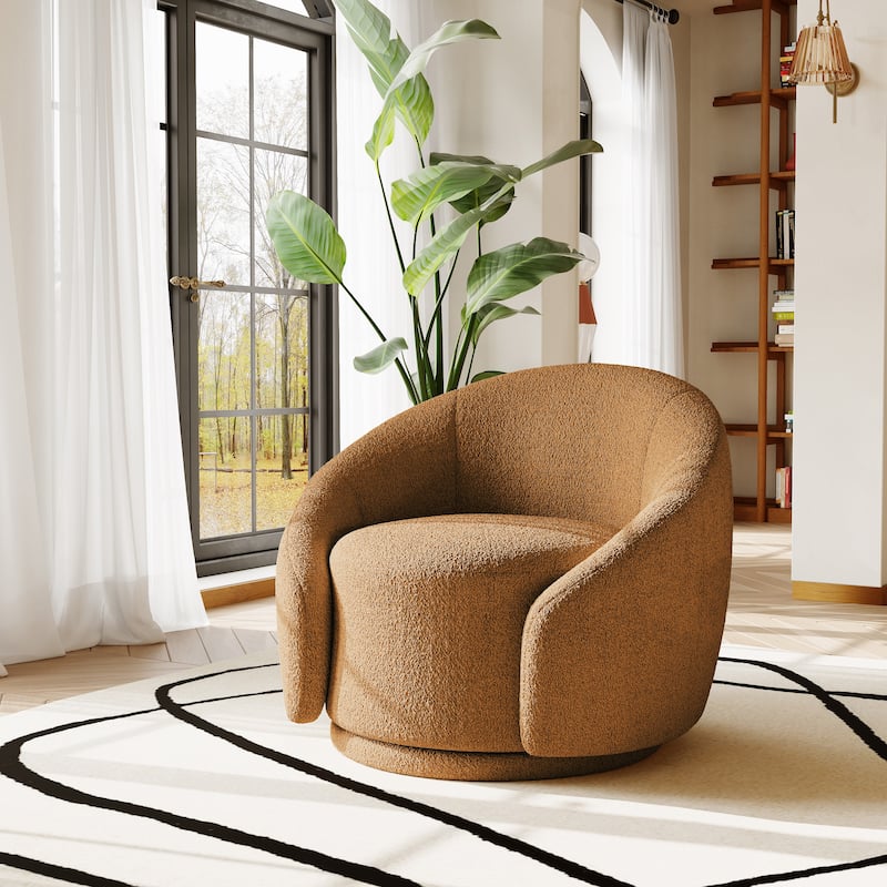 35" Wide Velvet/ Boucle Swivel Barrel Accent Chair - Boucle - Red Brown