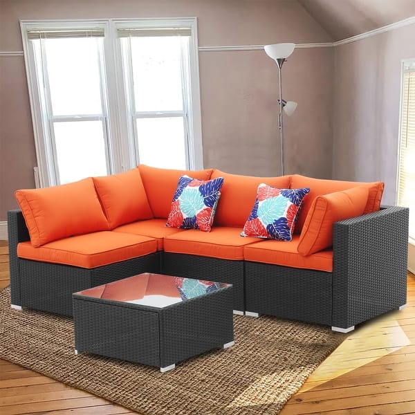 slide 1 of 25, 5 pieces Outdoor Sofa Sets Patio Rattan Sofas with Waterproof Cushions & Coffee Table